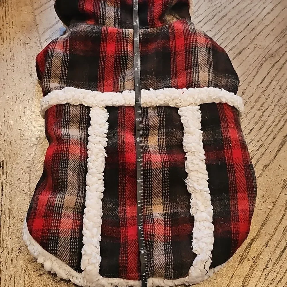 Plaid Dog Jacket with Sherpa Trim Size M